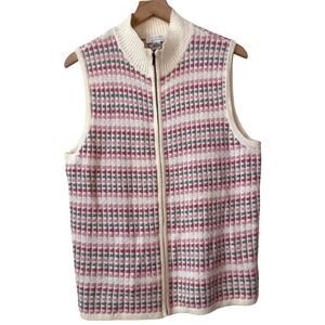 Vintage Knit Sweater Vest Women's XL Cardigan Zipper Pastel Cottage Winter Ski‎
